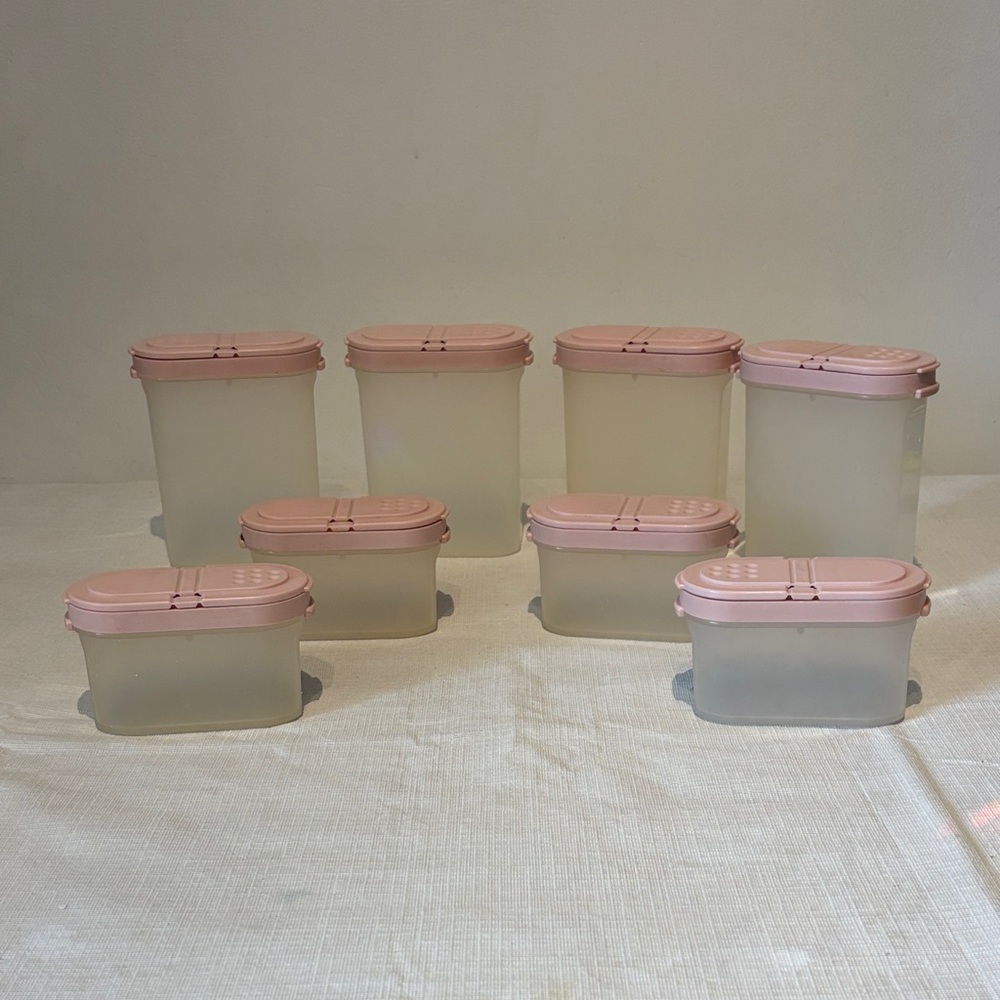 8 Vintage Tupperware Spice Containers with Pink Lids
